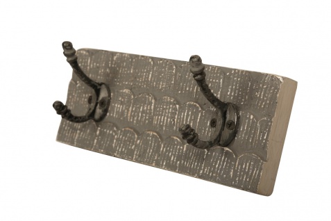 bhp Wandgarderobe aus Holz braungrau gemustert mit 2 Metallhaken, Front geschnitzt