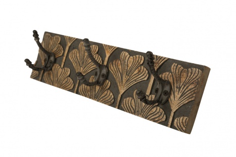 bhp Wandgarderobe aus Holz dunkelgrau gemustert mit 3 Metallhaken, Front naturfarben geschnitzt