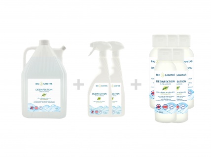 BIO SANITAS Desinfektion - Haut & Hände 5, 5 L Kanister + 2x 500ml Sprühflasche + 5x Hände & Flächen To-Go 100 ml