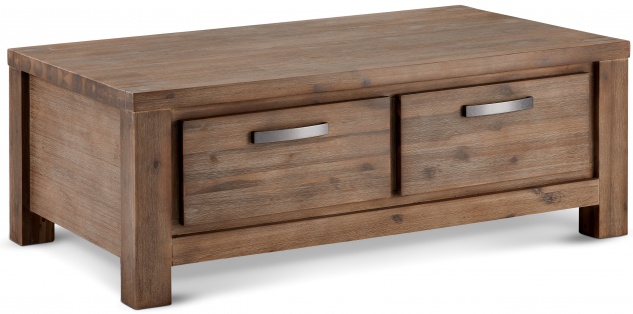 Ibbe Design Couchtisch Rechteckig Beistelltisch Natur Massiv Akazie Holz Braun Lackiert Tisch Alaska mit 2 Schubladen, L120x B75x H45 cm