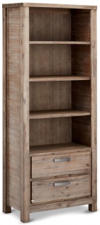 Ibbe Design Bücherregal Regal Braun Lackiert Massiv Akazie Holz Alaska mit 3 Regale und 2 Schubladen, L80x B40x H200 cm