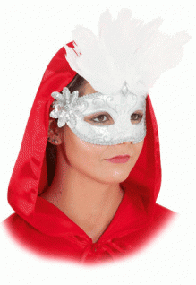 Faschingsmaske Halbmaske weiß silber mit Federn, 100 % Polyester
