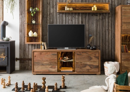 TV Lowboard Baumrinde Fernsehtisch Vintage Landhaus Holz massiv LED Beleuchtung