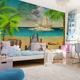 Muralo XXL Selbstklebende FOTOTAPETE OCEAN Beach 3D Effekt Schatzkiste 180x120 cm Tapete Wandtapete WOHNZIMMER SCHLAFZIMMER 4834
