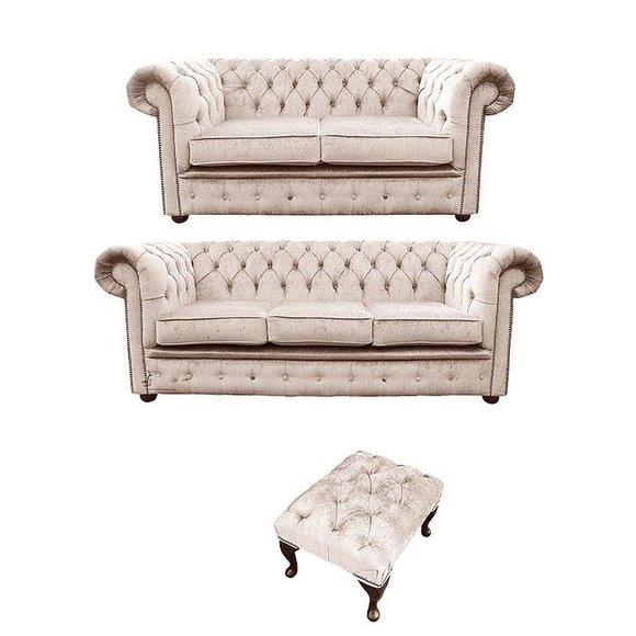 Chesterfield Couch Polster Sofas Klassik Leder 3+2 Sitzer + Hocker