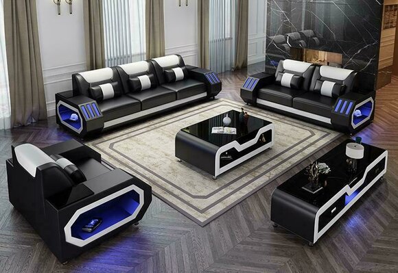 Ledersofa Couch Sofa Garnitur 3+2+1 - Beleuchtete Designer Couchen Neu